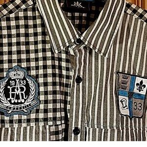 Red Ape Short Sleeve Shirt Checks Stripes Patches Black Gray L